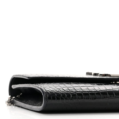 Saint Laurent Calfskin Crocodile Embossed Monogram Uptown Chain Wallet Black 10 of 11