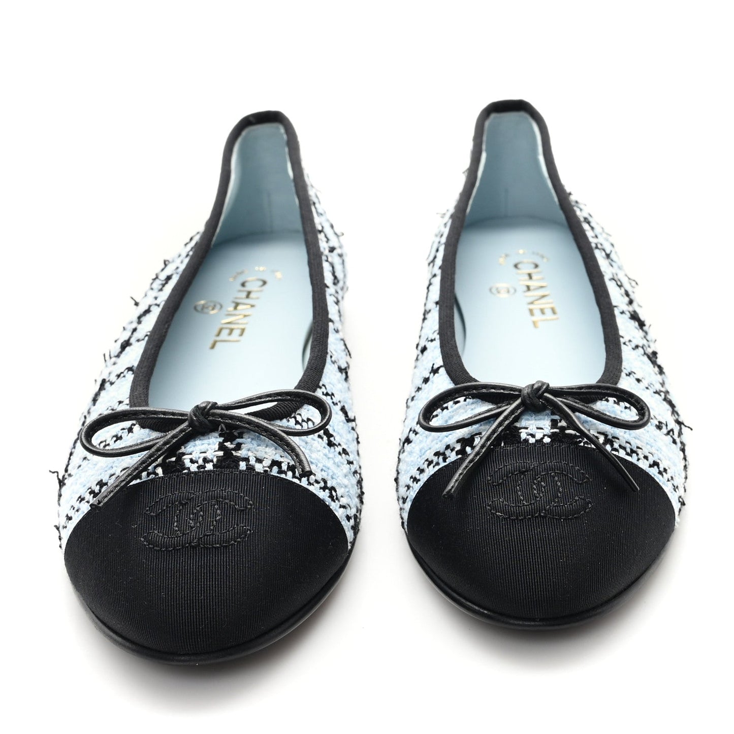 Tweed Grosgrain Cap Toe Ballerina Flats 39.5 Light Blue Black