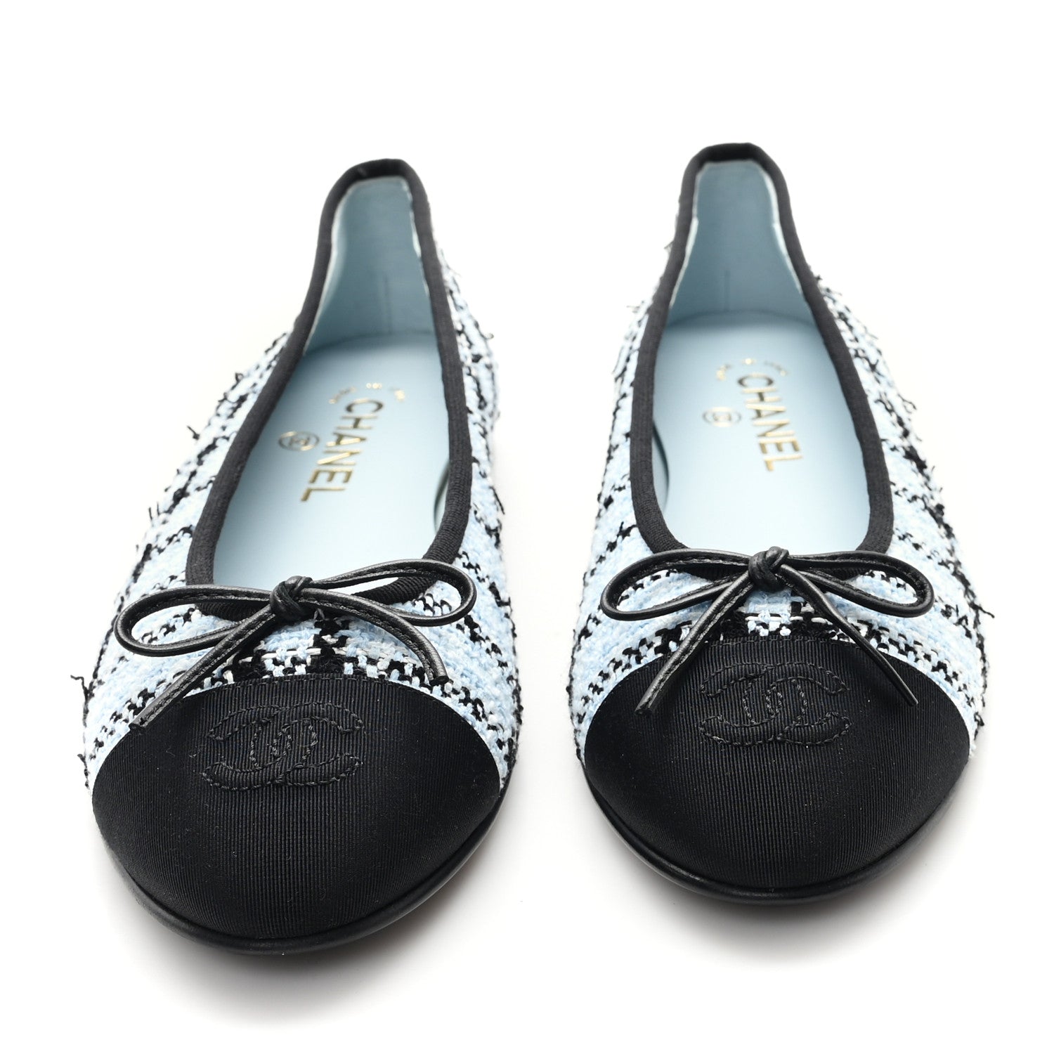 Chanel Tweed Grosgrain Cap Toe Ballerina Flats 39.5 Light Blue Black 3 of 10
