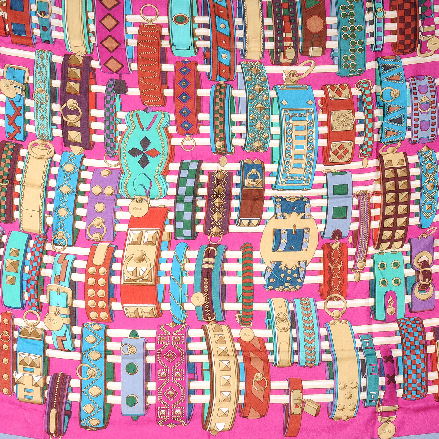 Hermes Cashmere Silk Colliers de Chiens Shawl 140 Fuchsia Turquoise Grenat 1 of 6