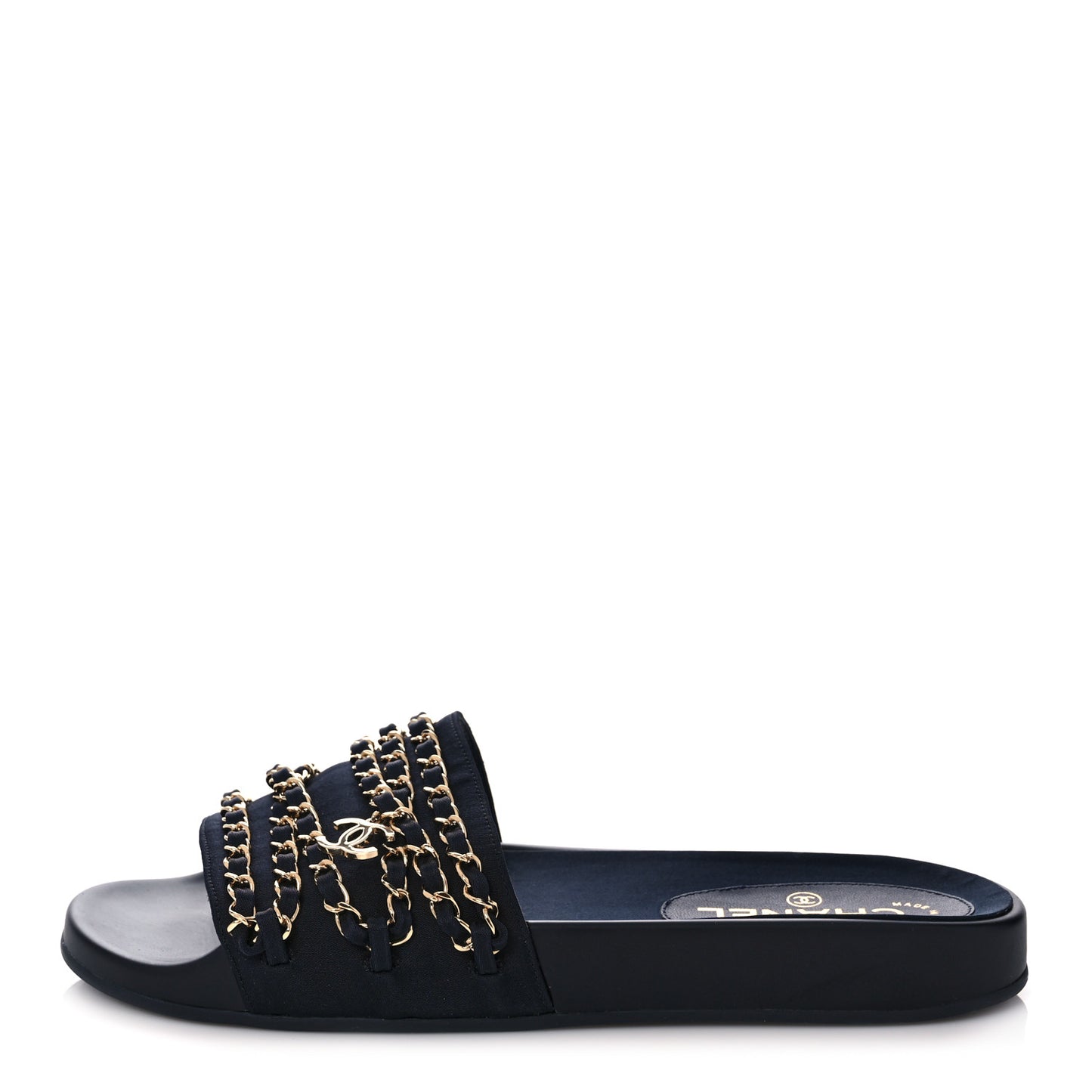 Satin Canvas Chain Slides Sandals Flats 40 Marine