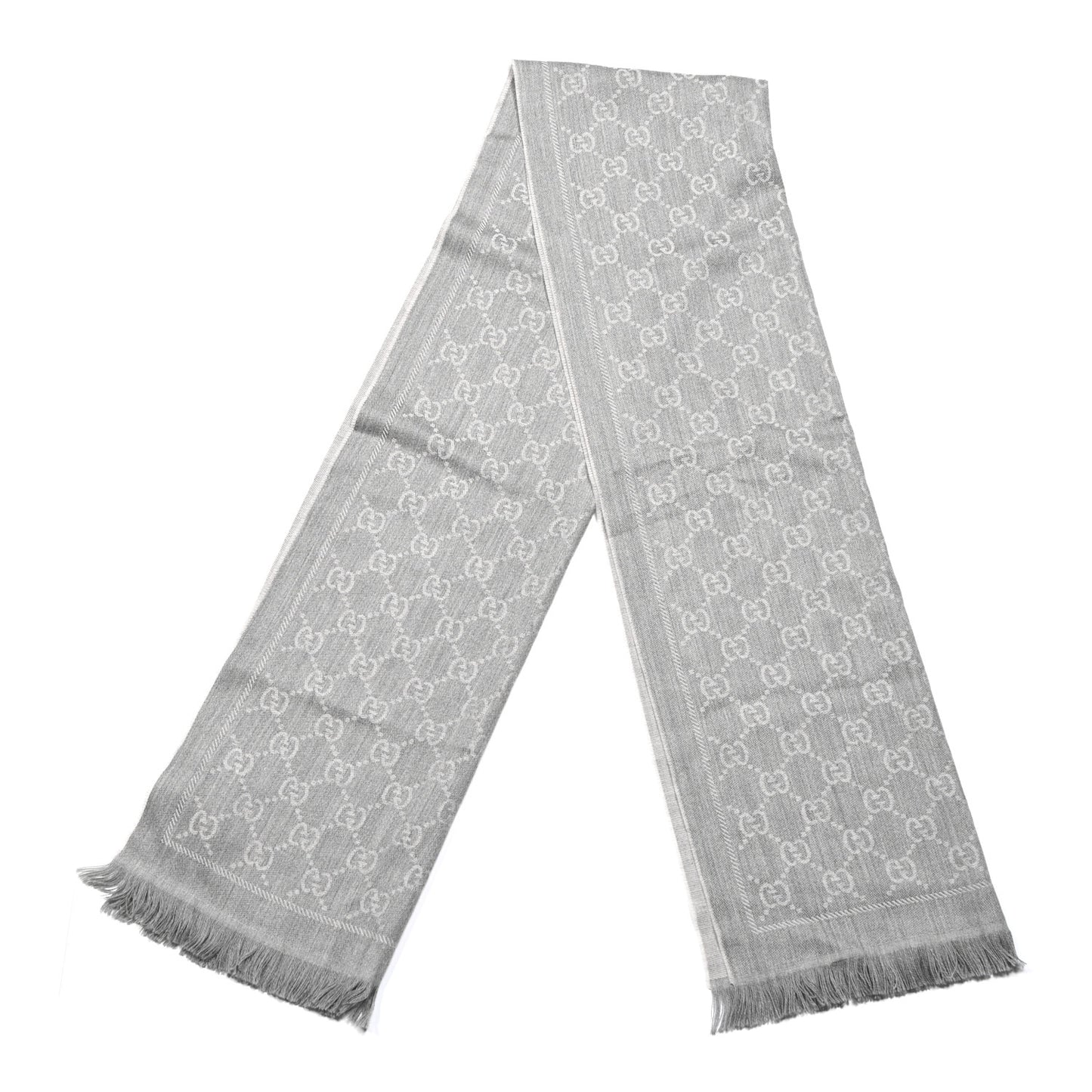 Wool Jacquard GG Monogram Sten Fringe Scarf Zinc Light Grey