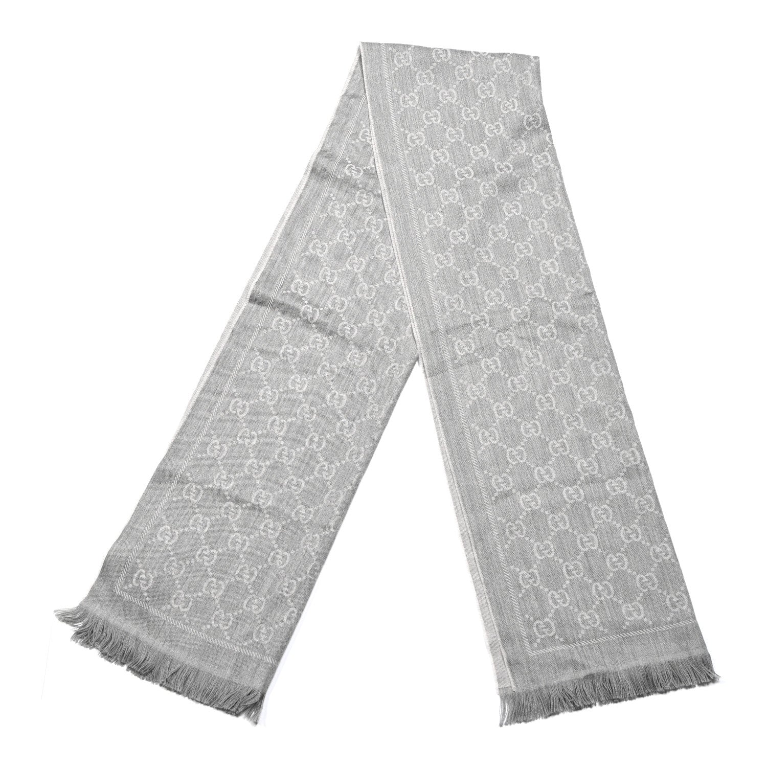 Gucci Wool Jacquard GG Monogram Sten Fringe Scarf Zinc Light Grey 2 of 3