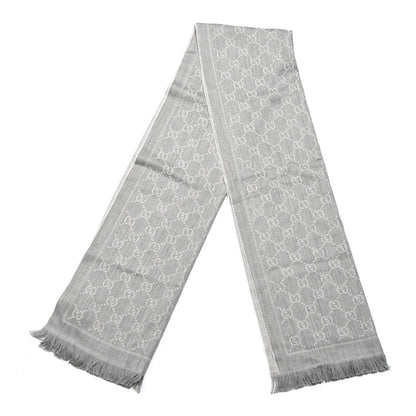 Gucci Wool Jacquard GG Monogram Sten Fringe Scarf Zinc Light Grey 2 of 3