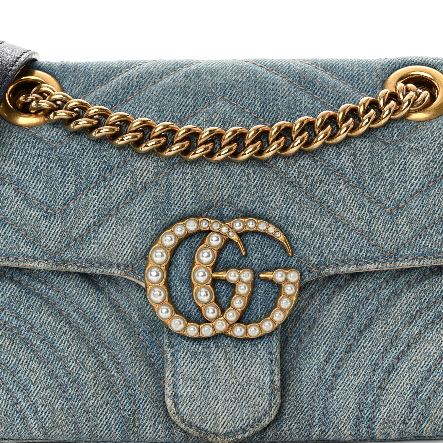 Gucci Denim Matelasse Mini Pearly GG Marmont Shoulder Bag Blue 8 of 11