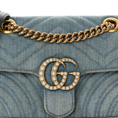 Gucci Denim Matelasse Mini Pearly GG Marmont Shoulder Bag Blue 8 of 11