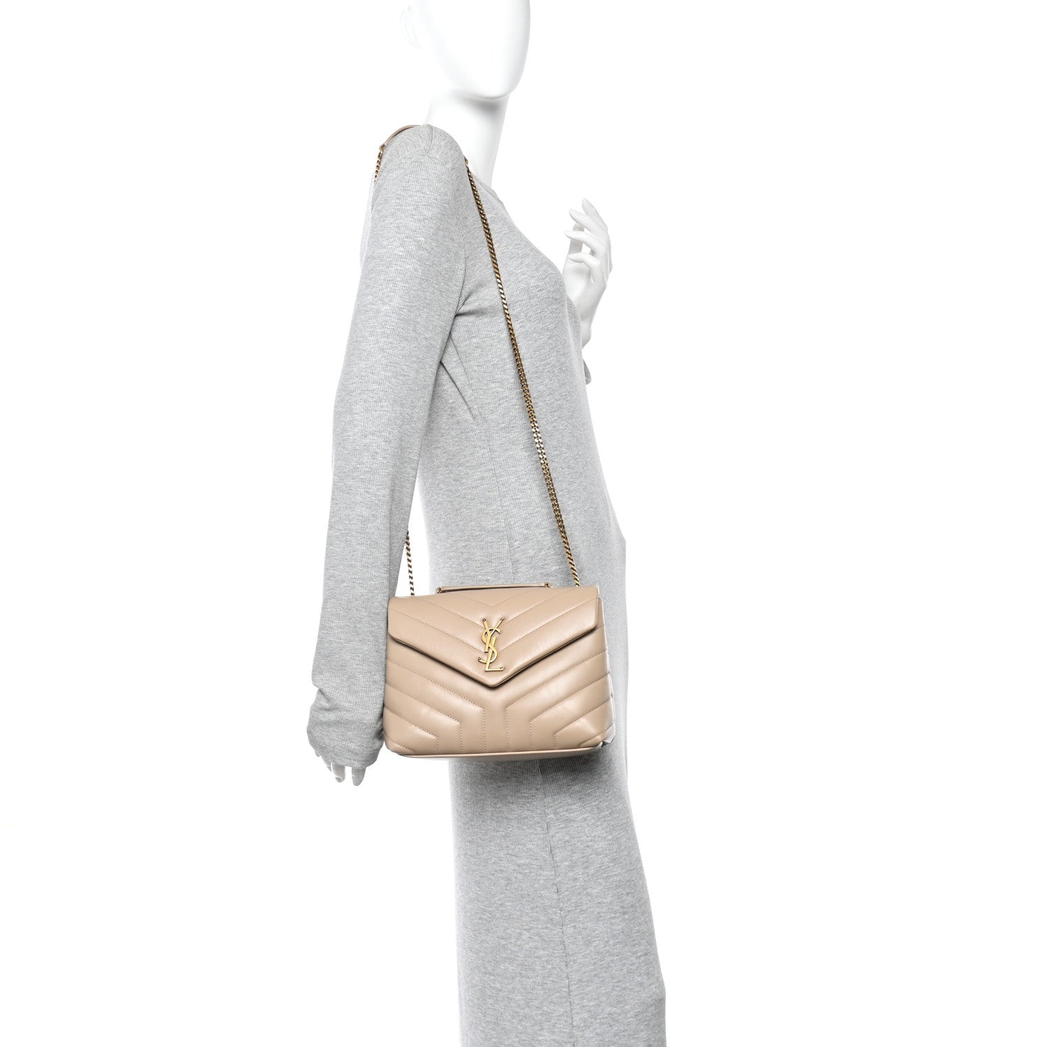 Saint Laurent Calfskin Y Quilted Monogram Small Loulou Chain Satchel Dark Beige 2 of 10