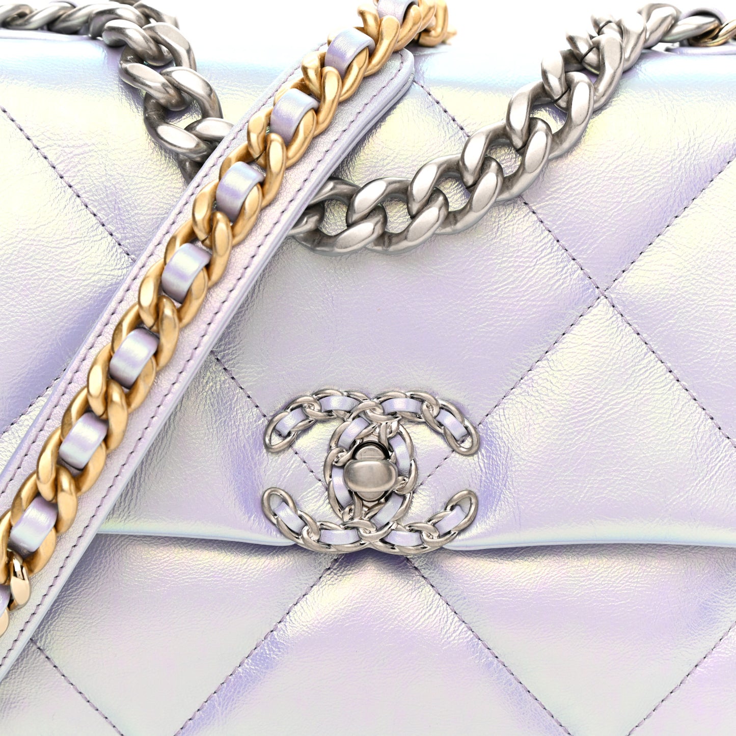 Iridescent Calfskin Quilted Medium Chanel 19 Flap Light Purple Blue