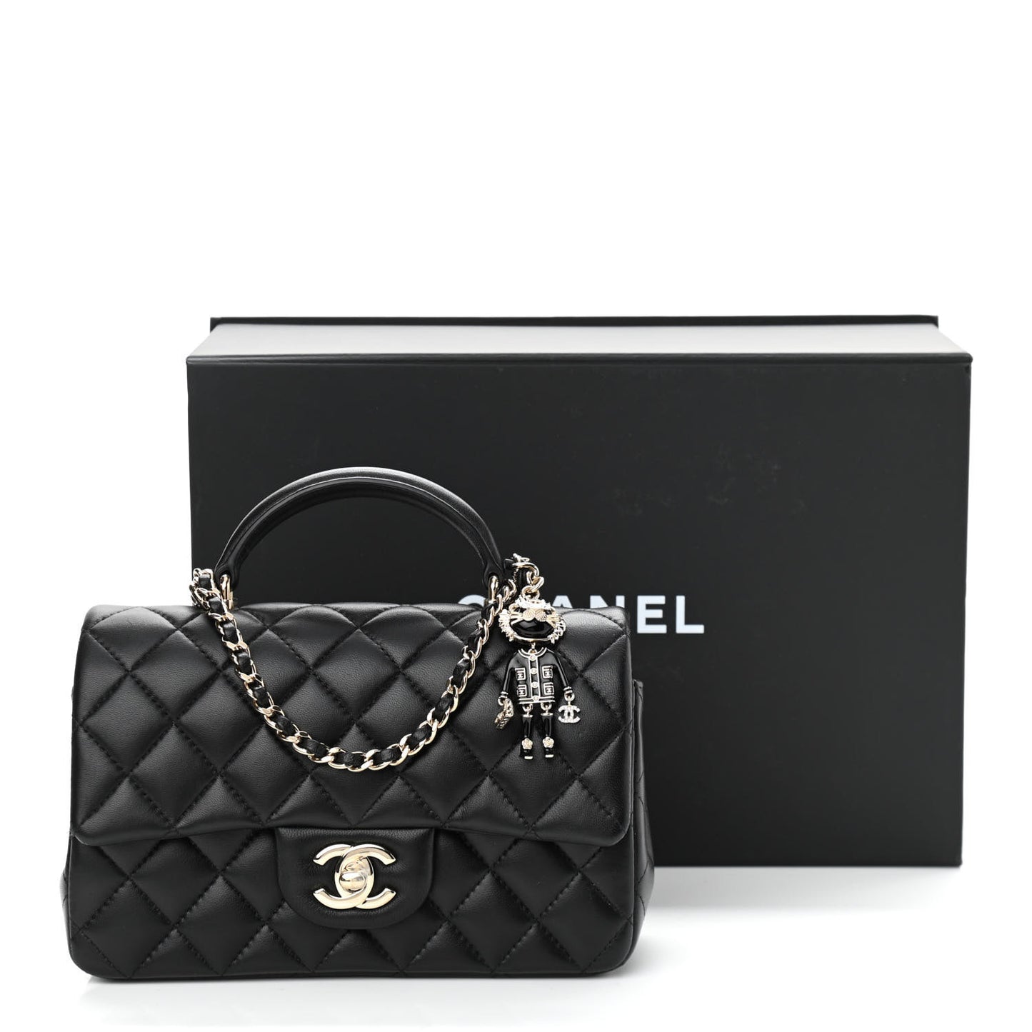 Lambskin Quilted Mini Lion Charm Top Handle Rectangular Flap Black