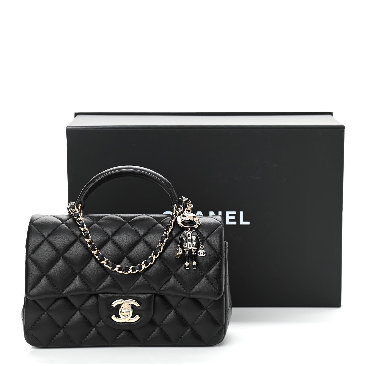 Chanel Lambskin Quilted Mini Lion Charm Top Handle Rectangular Flap Black 12 of 12