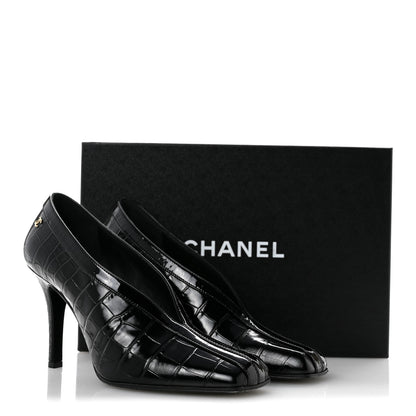 Chanel Crocodile Embossed Patent Calfskin Pumps 38 Black 11 of 11