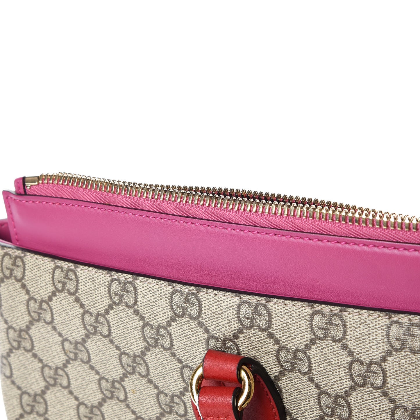 GG Supreme Monogram Medium Zippered Bucket Tote Beige Hibiscus Red New Rosette