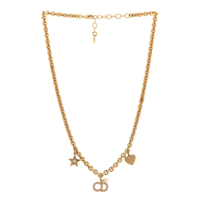 Christian Dior Metal Crystal CD Star Heart Necklace Aged Gold 3 of 8