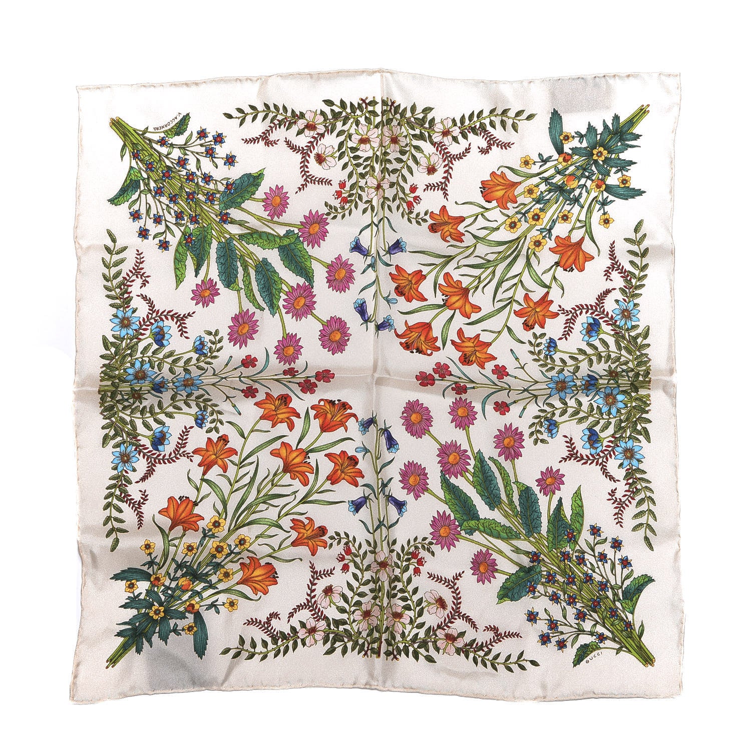 Gucci Silk Twill Nuovoflora Square Handkerchief Ivory Blue 1 of 4