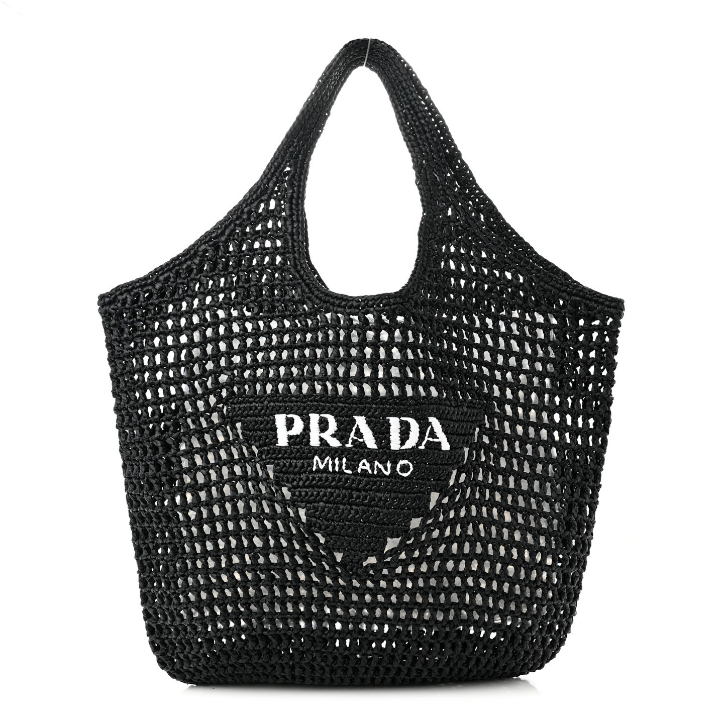Yarn Raffia Effect Crochet Logo Embroidered Shopping Tote Bag Black