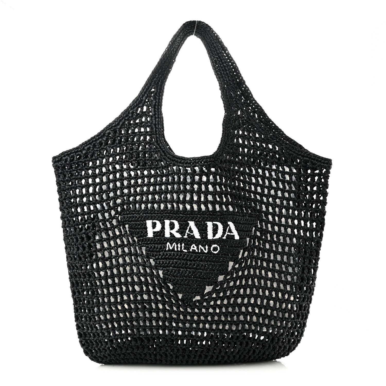 Prada Yarn Raffia Effect Crochet Logo Embroidered Shopping Tote Bag Black 1 of 9