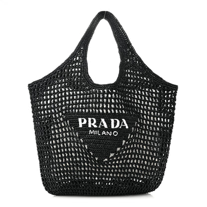Prada Yarn Raffia Effect Crochet Logo Embroidered Shopping Tote Bag Black 1 of 9