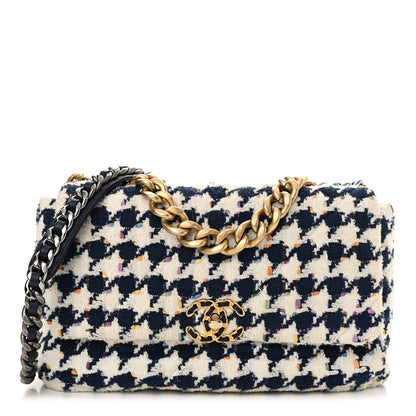 Chanel Tweed Quilted Large Chanel 19 Flap Ecru Navy Blue Multicolor 1 of 13