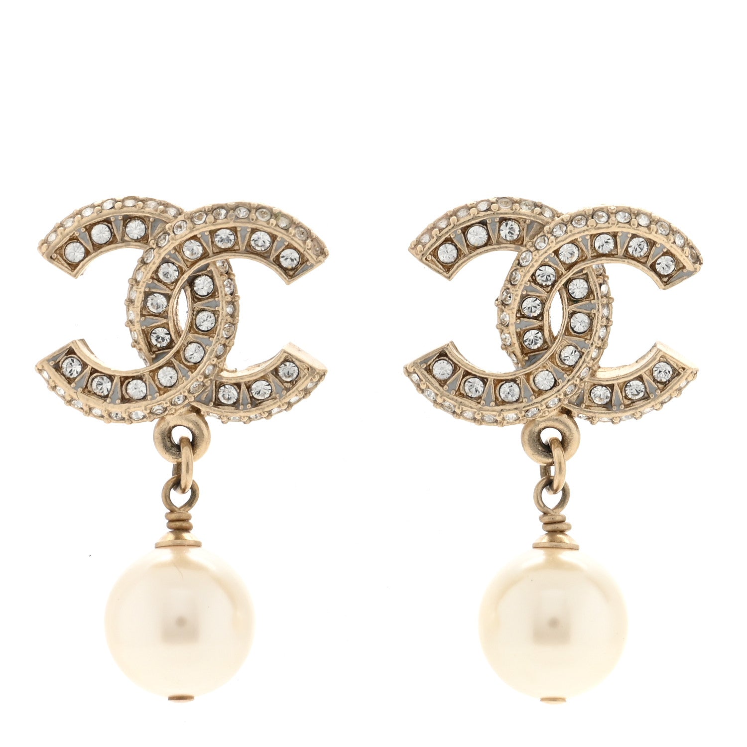 Chanel Crystal Pearl CC Drop Earrings Gold 1 of 5