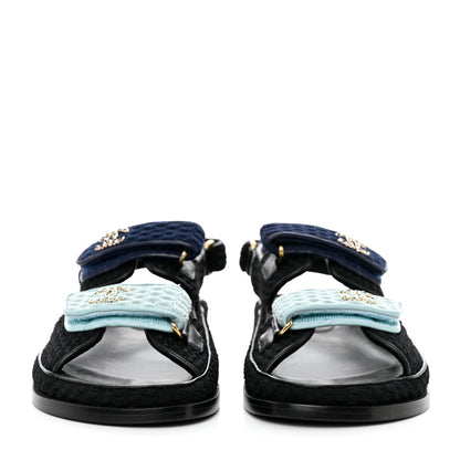 Chanel Knit Fabric Velcro Dad Sandals 39 Black Dark Blue Light Blue 2 of 9