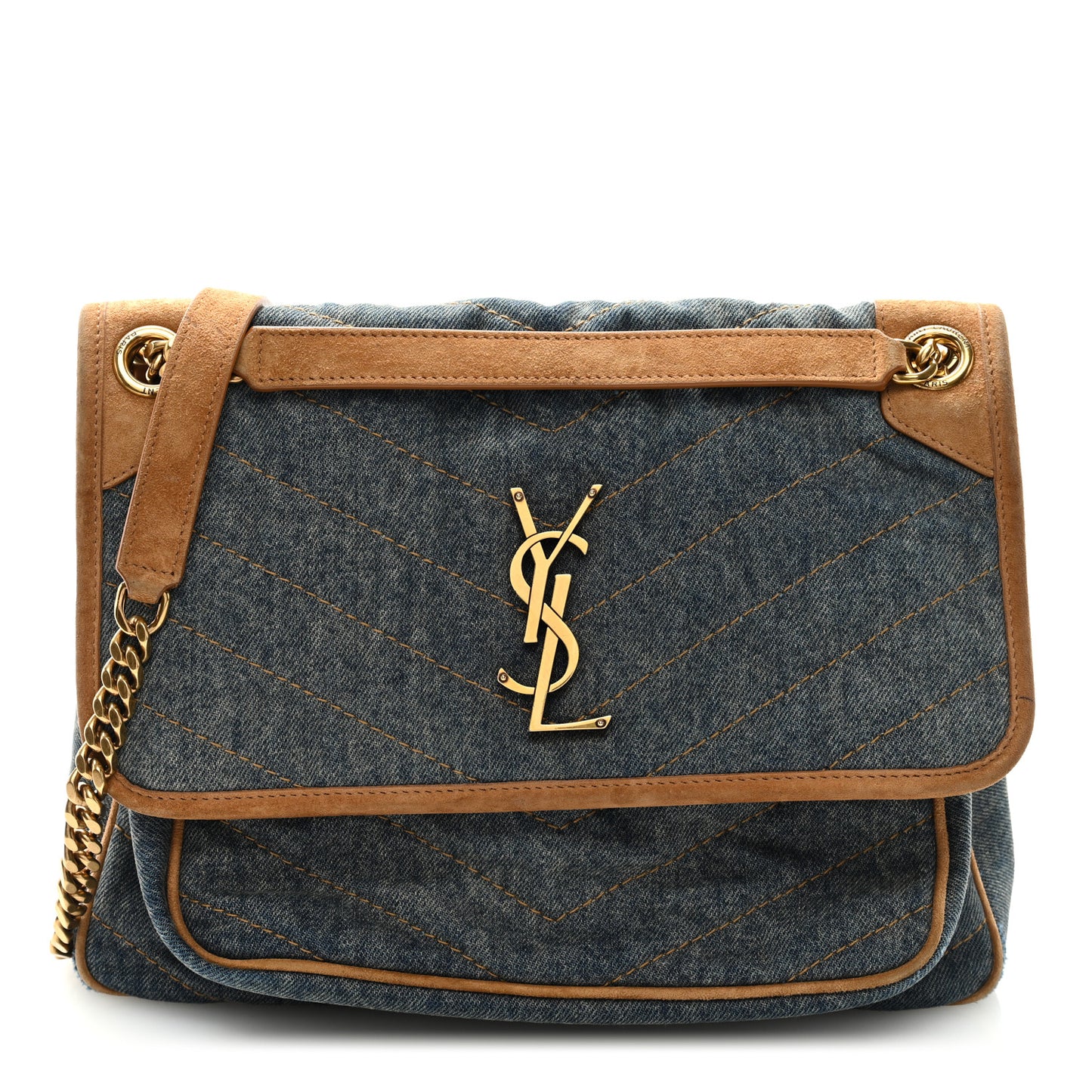 Denim Suede Monogram Medium Niki Chain Satchel Blue Cinnamon