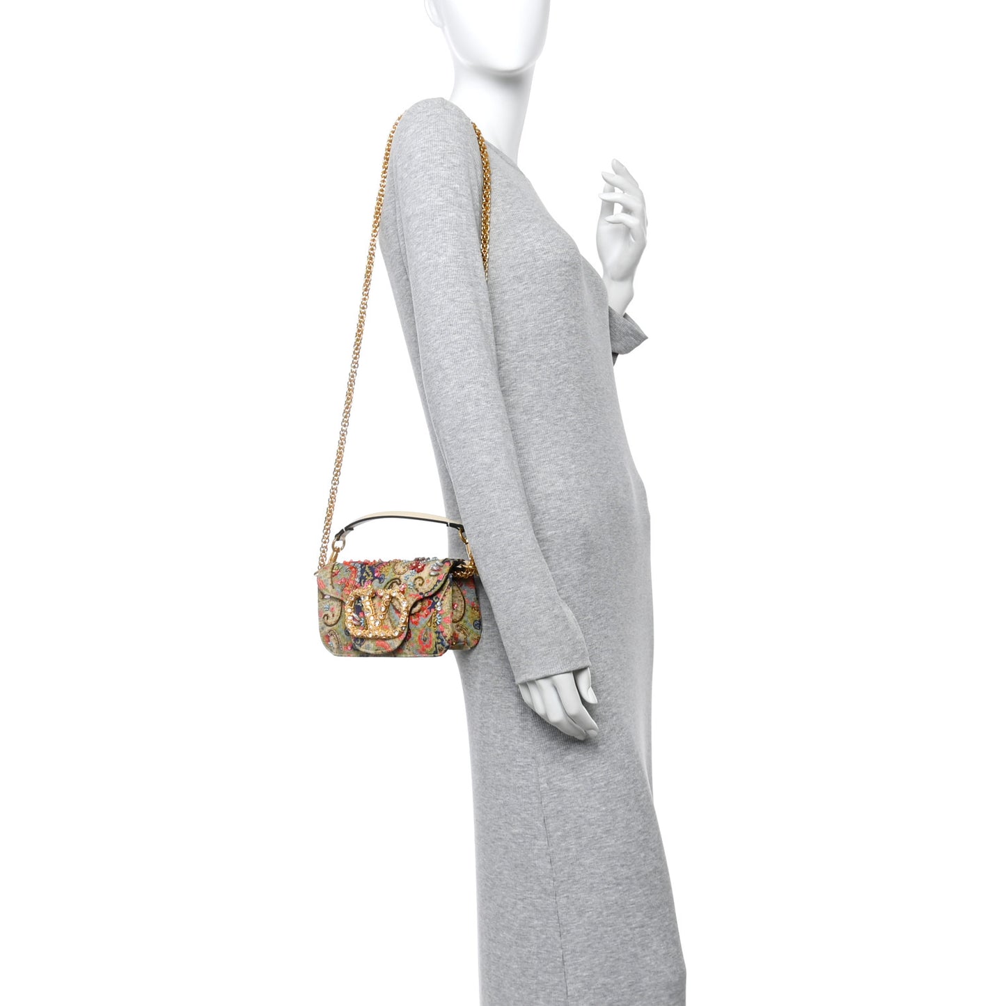 Fabric Beaded Crystal Embroidered Paisley Vlogo Small Loco Shoulder Bag Butter White Multicolor