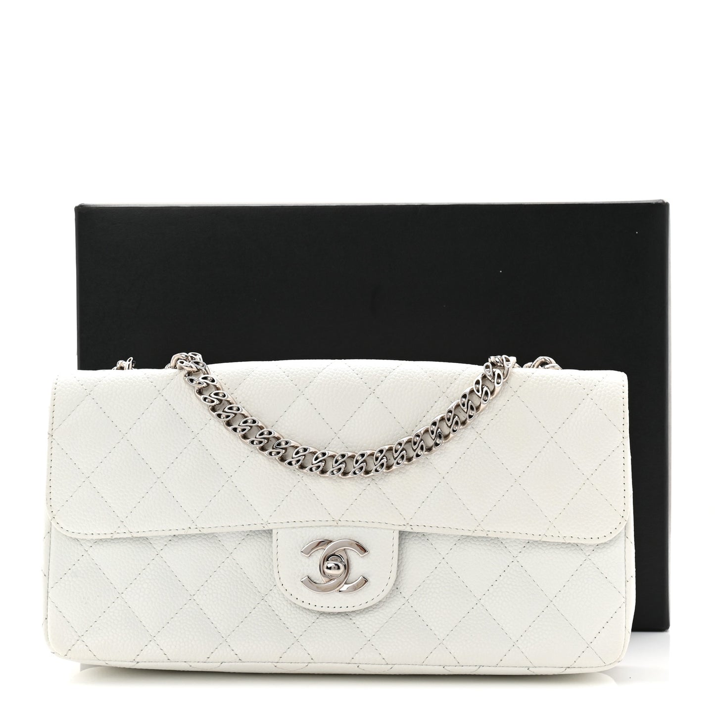 Caviar Quilted East West Flap Bijoux Chain White