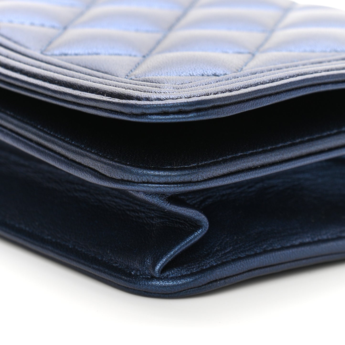 Metallic Lambskin Quilted Boy Wallet On Chain WOC Blue