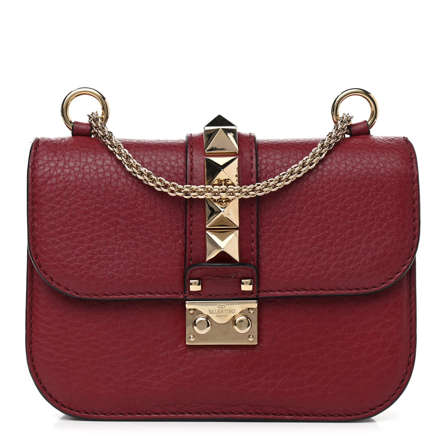 Pebbled Calfskin Small Glam Lock Rockstud Flap Red