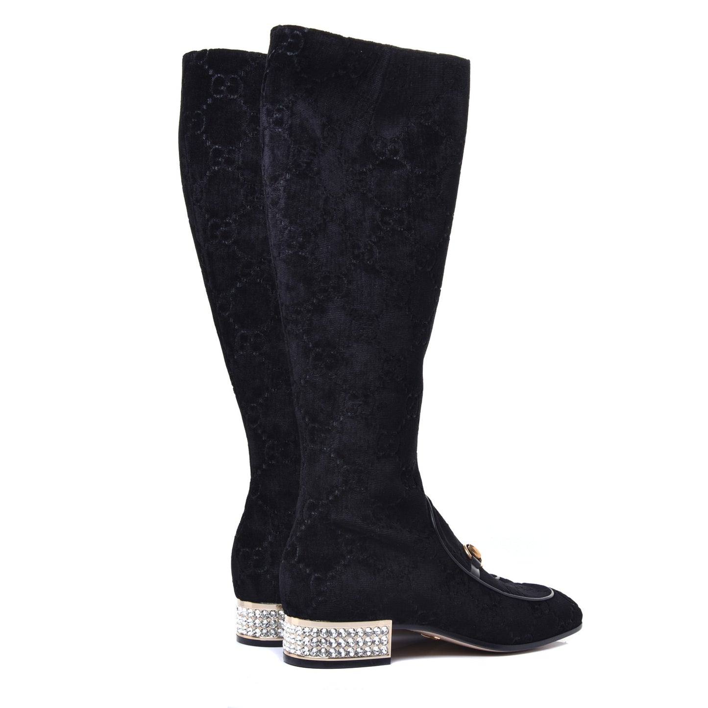 Velvet GG Monogram Crystal Horsebit Knee High Boots 39 Black