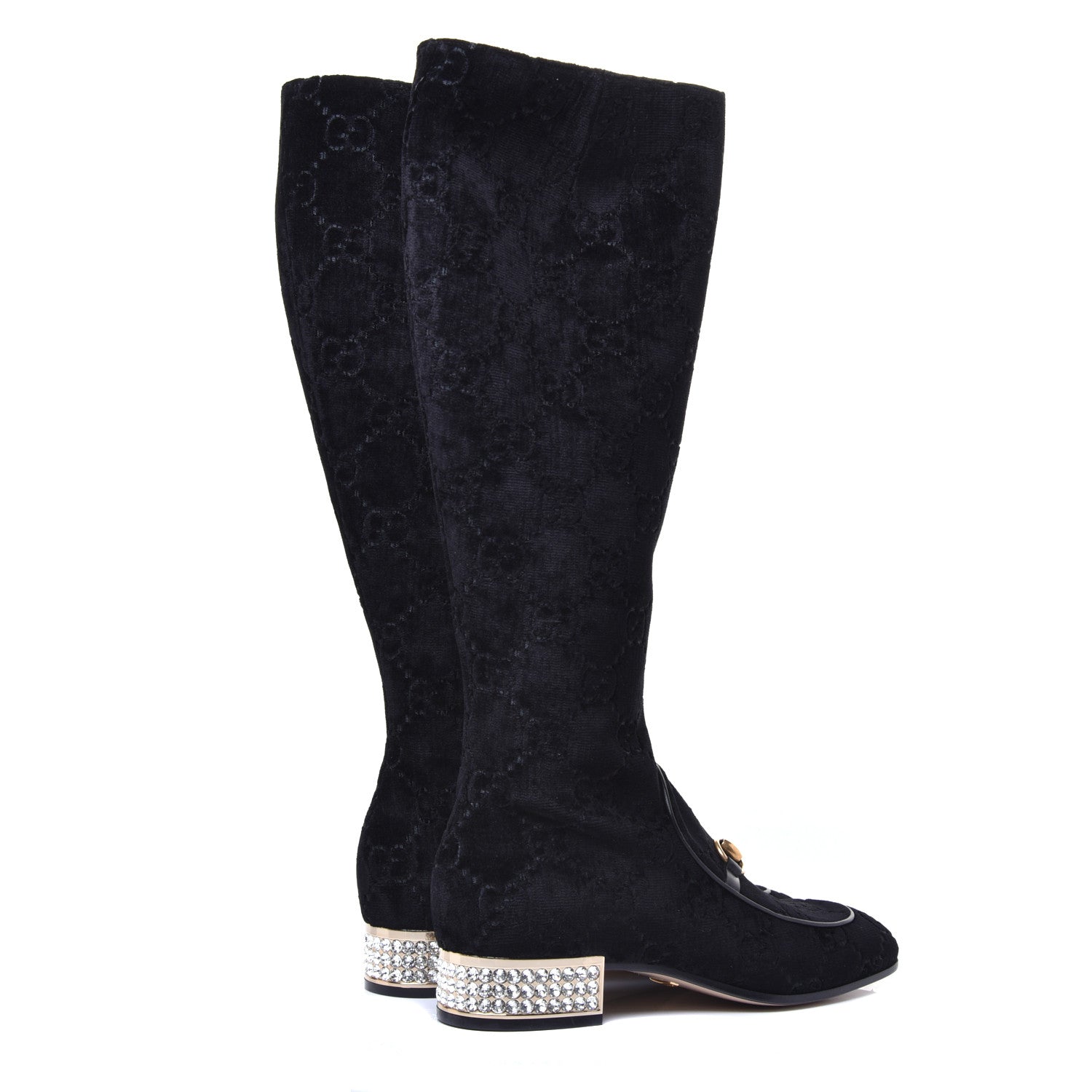 Gucci Velvet GG Monogram Crystal Horsebit Knee High Boots 39 Black 4 of 9