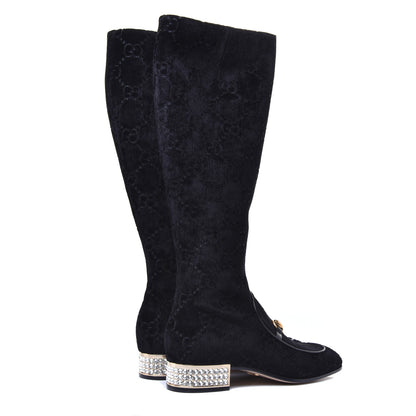 Gucci Velvet GG Monogram Crystal Horsebit Knee High Boots 39 Black 4 of 9