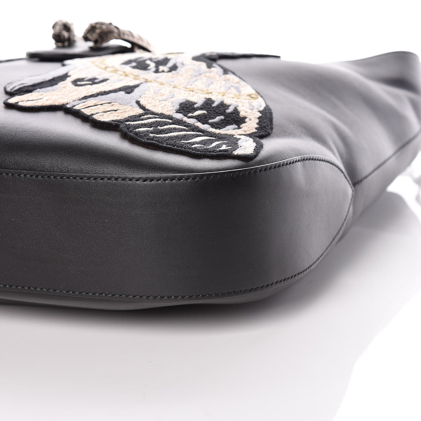 Calfskin Web Dog Embroidered Large Dionysus Hobo Black