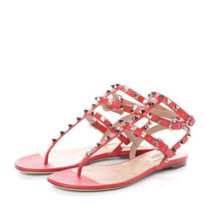 Valentino Garavani Calfskin Nappa Rockstud Ankle Wrap Flat Thong Sandals 36 Rouge Pur 3 of 7