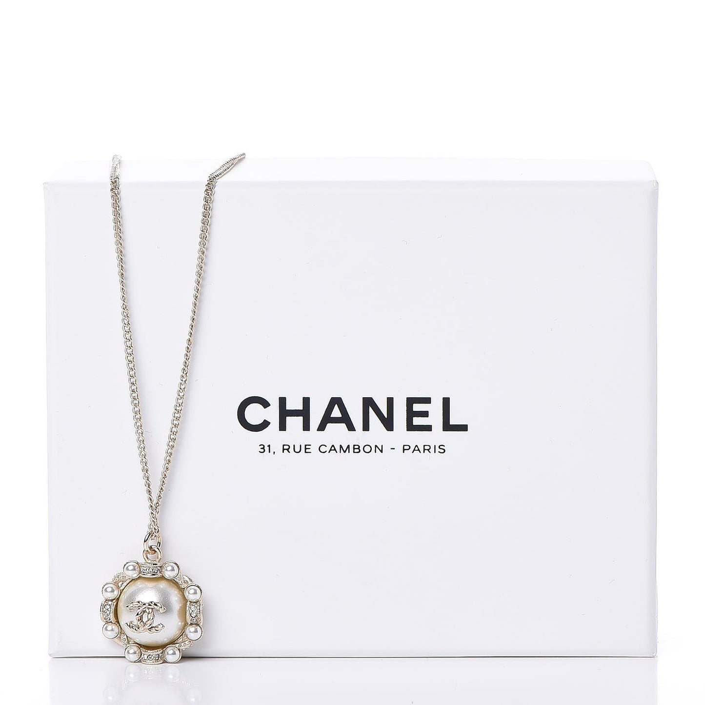 Crystal Pearl CC Medallion Necklace Light Gold
