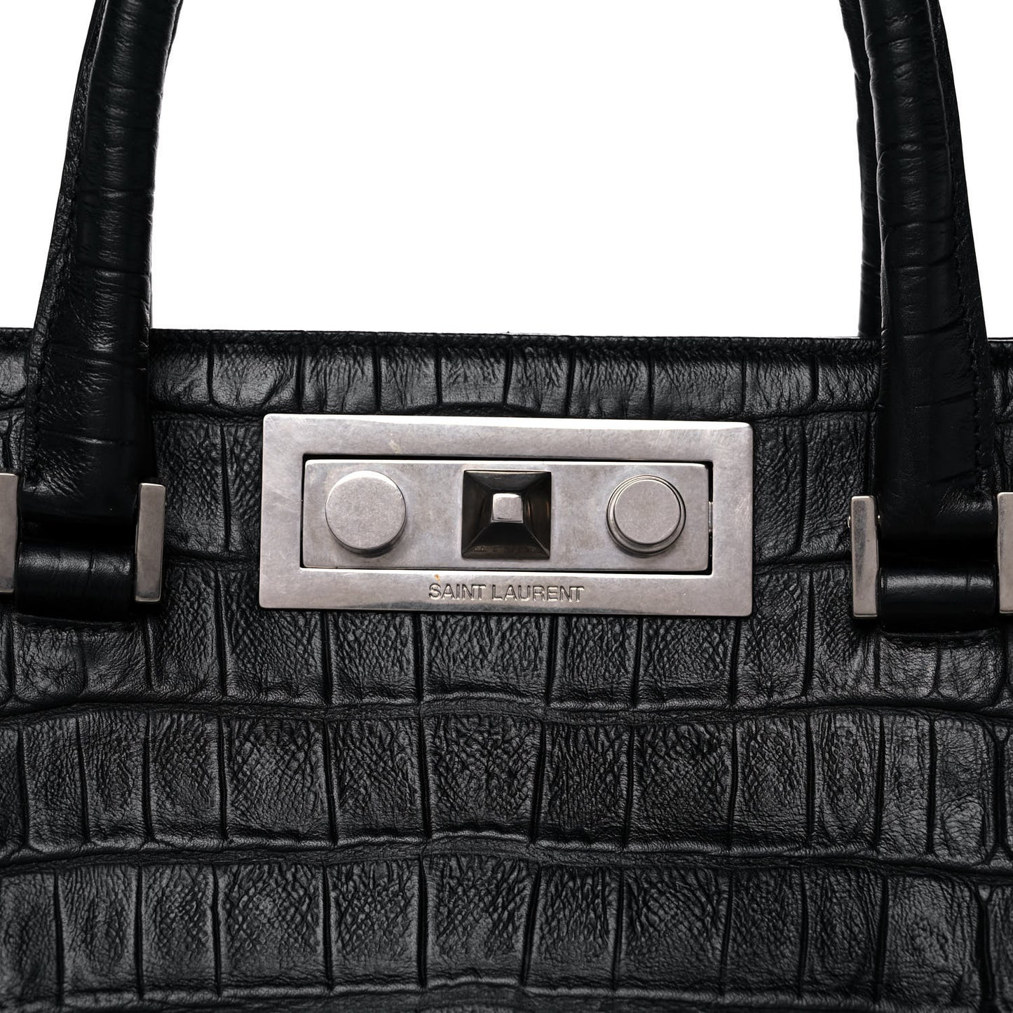 Calfskin Crocodile Embossed Medium Trois Class Tote Black