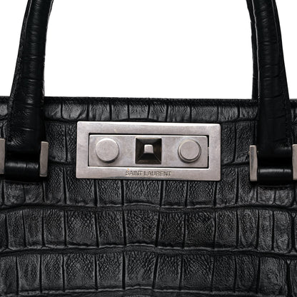Saint Laurent Calfskin Crocodile Embossed Medium Trois Class Tote Black 10 of 17
