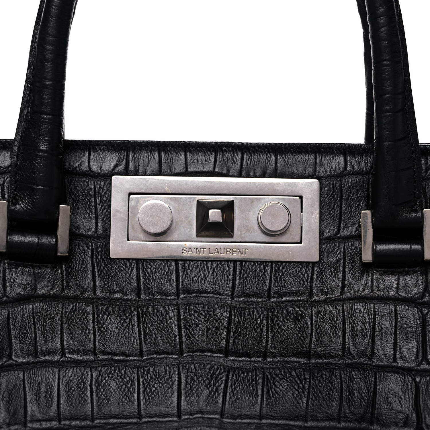 Saint Laurent Calfskin Crocodile Embossed Medium Trois Class Tote Black 10 of 17