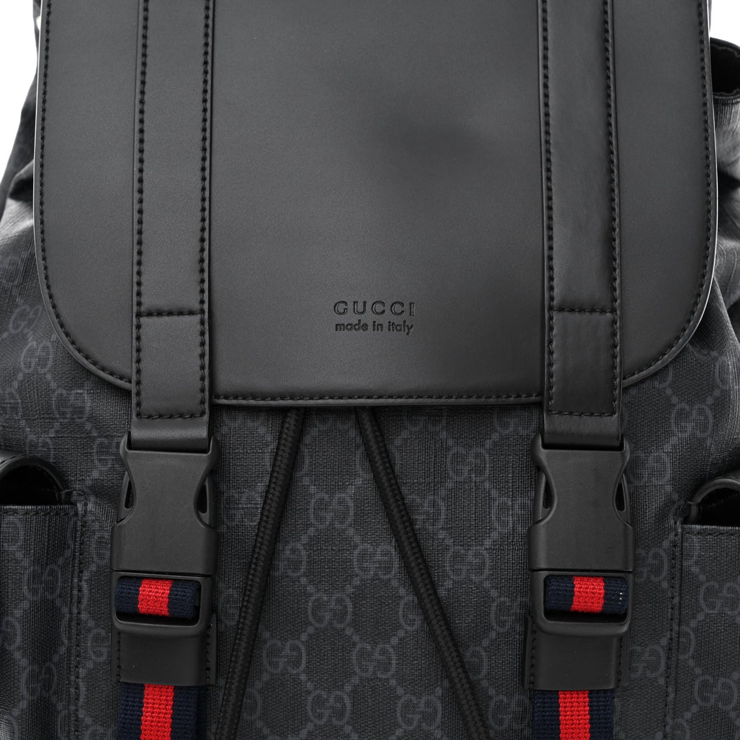Soft GG Supreme Monogram Appia Calfskin Web Double Buckle Backpack Black