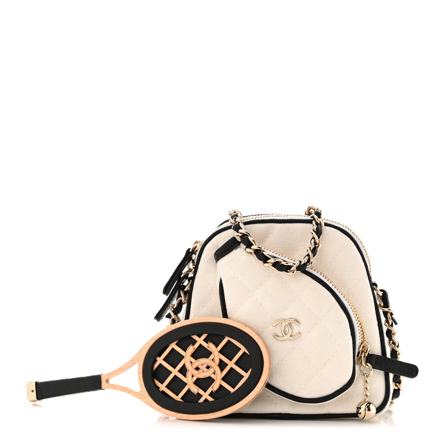 Chanel Canvas Calfskin Tennis Racket Mini Bag White Black 3 of 13