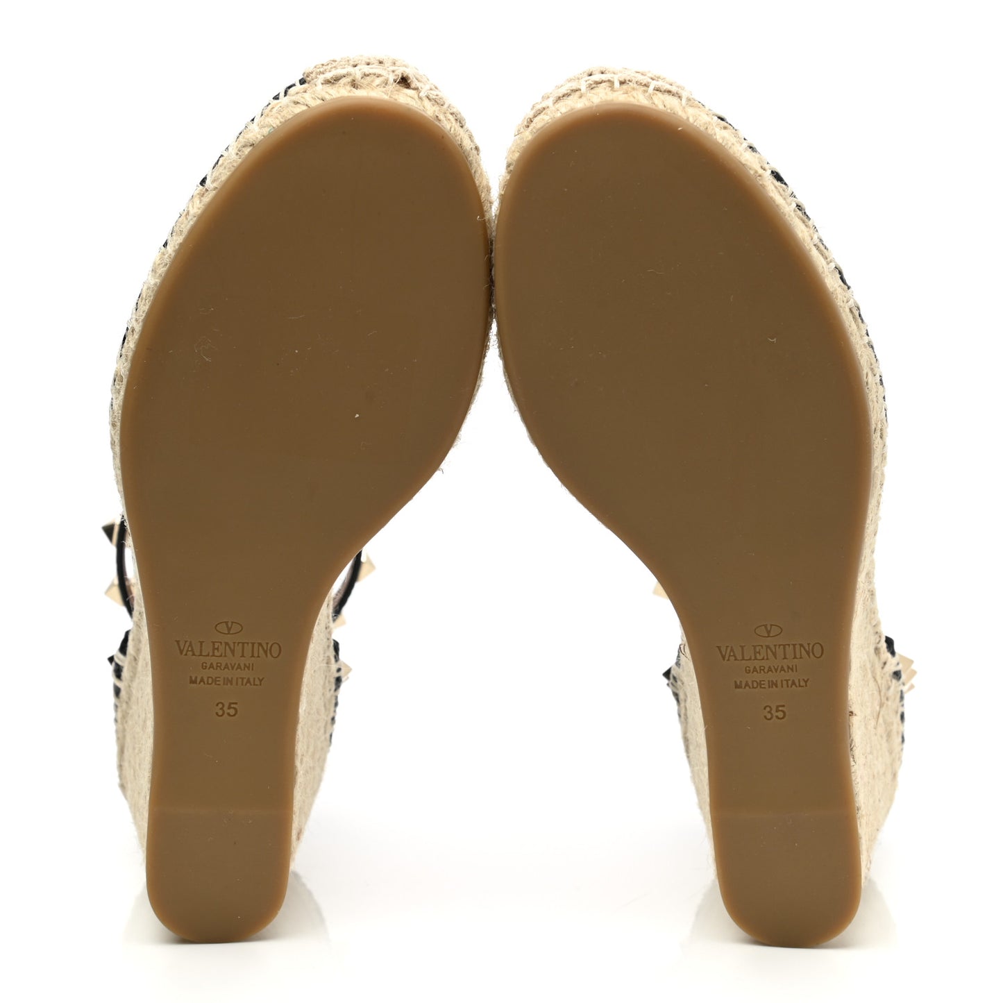 Grained Calfskin Rockstud Ankle Wrap Espadrille 15/85mm Wedges 35 Black Light Cuir