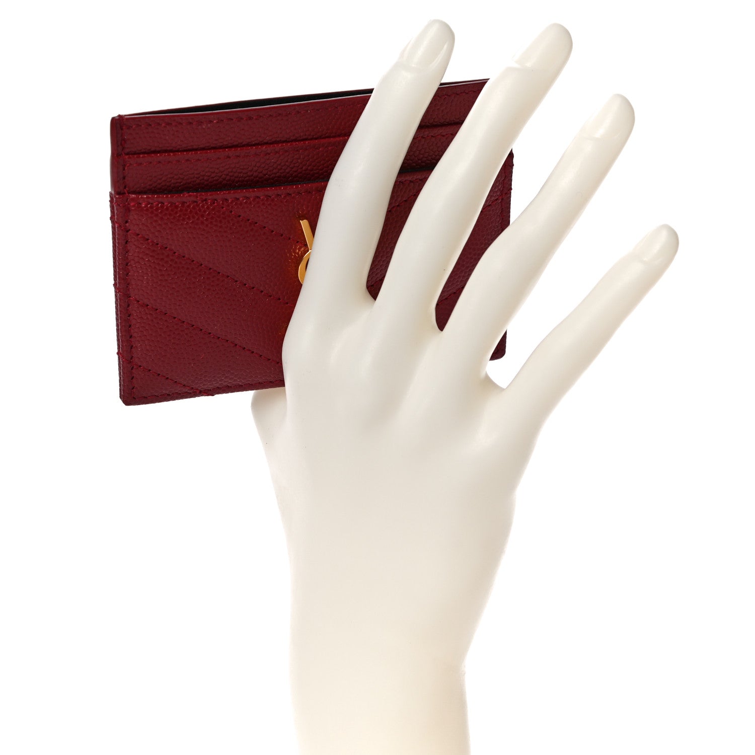 Saint Laurent Grain De Poudre Matelasse Chevron Monogram Credit Card Case New Red 2 of 11