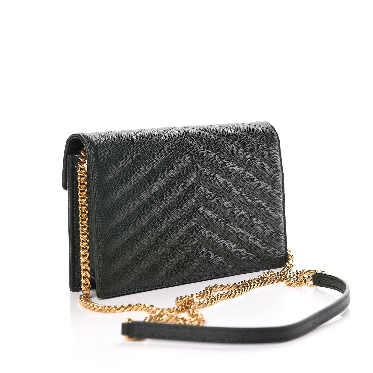 Grain De Poudre Matelasse Chevron Monogram Envelope Chain Wallet Dark Green