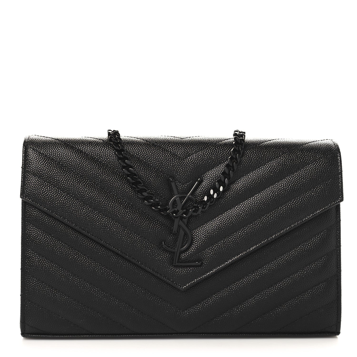 Saint Laurent Grain De Poudre Matelasse Chevron Monogram Monochrome Chain Wallet Black 1 of 10