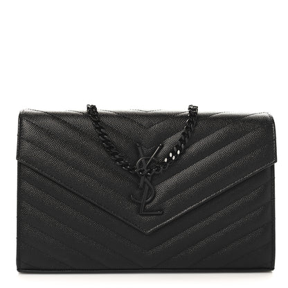Saint Laurent Grain De Poudre Matelasse Chevron Monogram Monochrome Chain Wallet Black 1 of 10