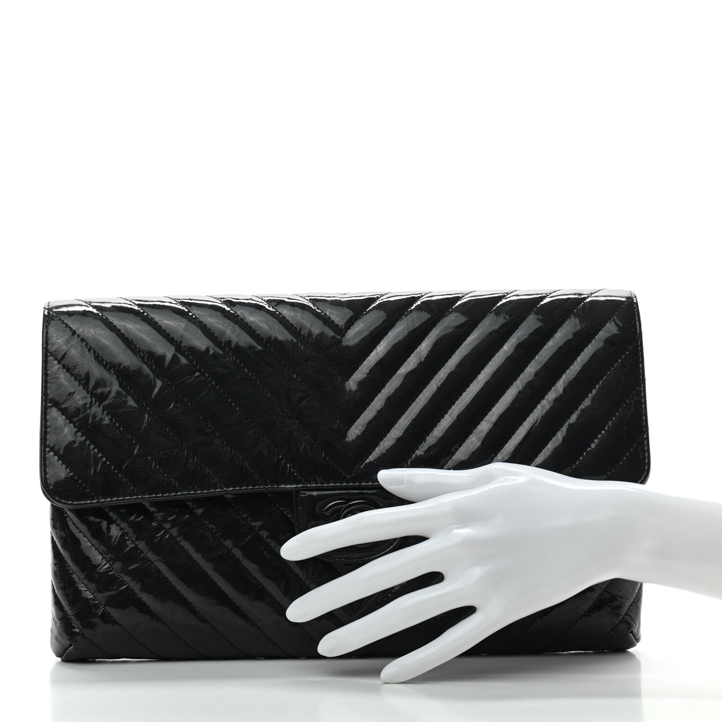 Metallic Crumpled Patent Calfskin Chevron Quilted Flap Clutch Black