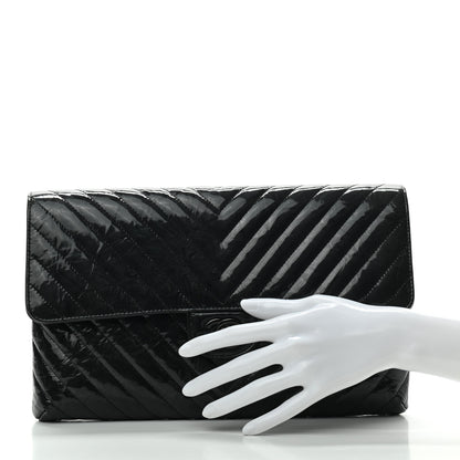 Chanel Metallic Crumpled Patent Calfskin Chevron Quilted Flap Clutch Black 2 of 7