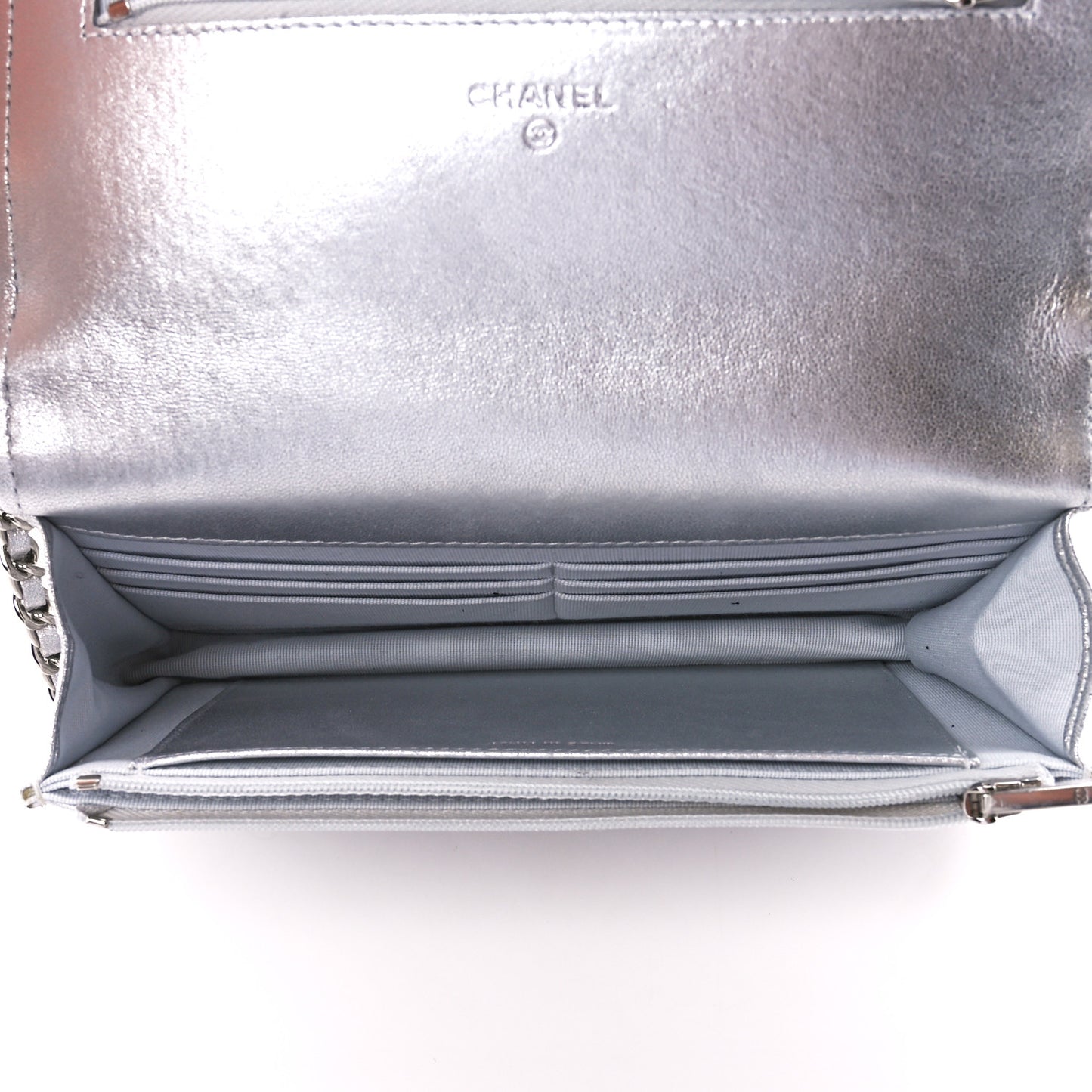 Metallic Lambskin Quilted Wallet On Chain WOC Silver