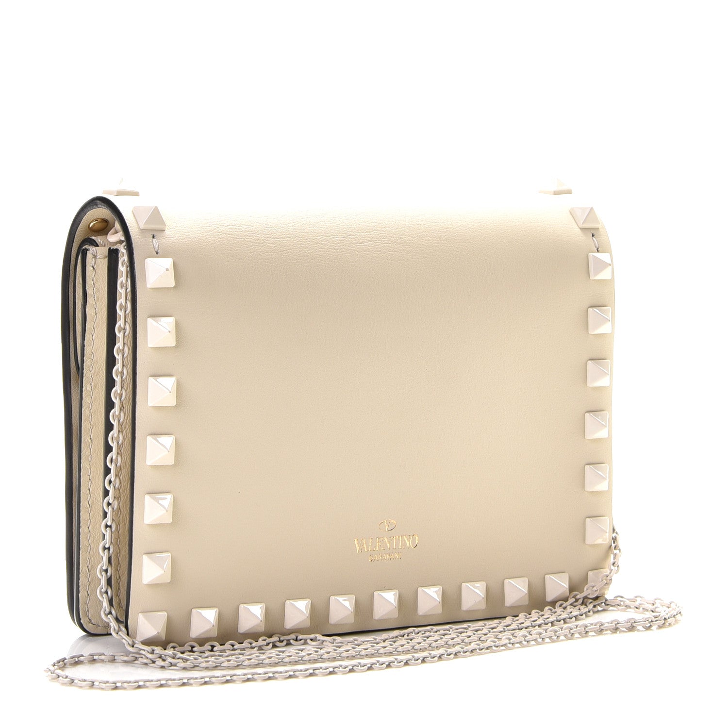 Valentino Garavani Calfskin Lacquered Monochrome Rockstud Wallet on Chain Ivory 3 of 8