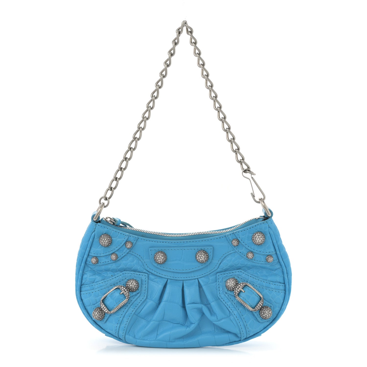 Balenciaga Extra Supple Calfskin Crocodile Embossed Crystal Mini Le Cagole Purse With Chain Cyan 1 of 10